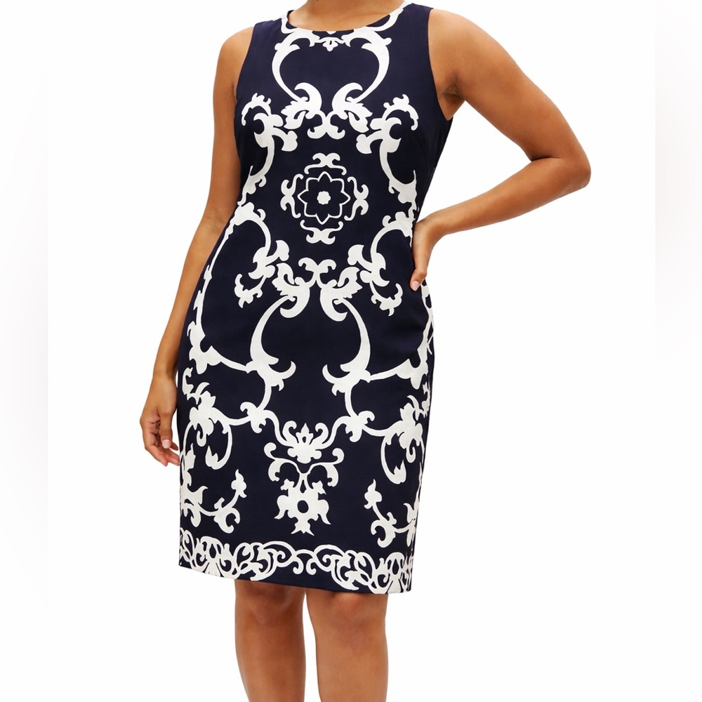 Banana Republic Silk Navy & White Patterned Sheath Dress Size 10